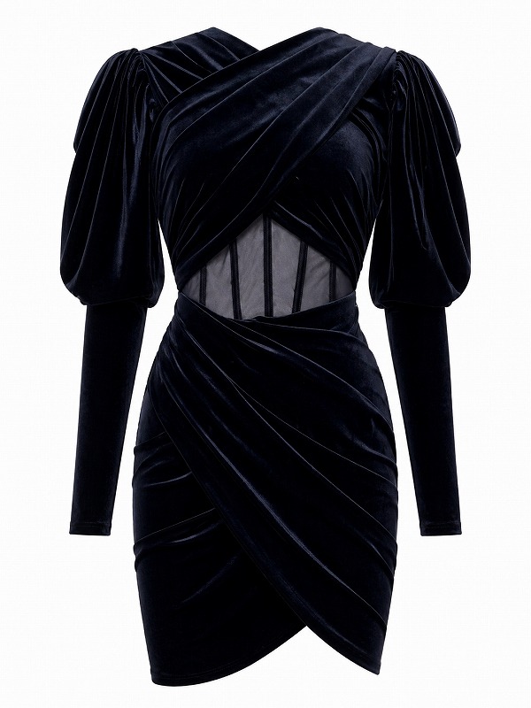 【新品DRESS 1049】バルーンショルダーウエストコルセットクロスベロアタイトミニドレス ネイビー【asos】